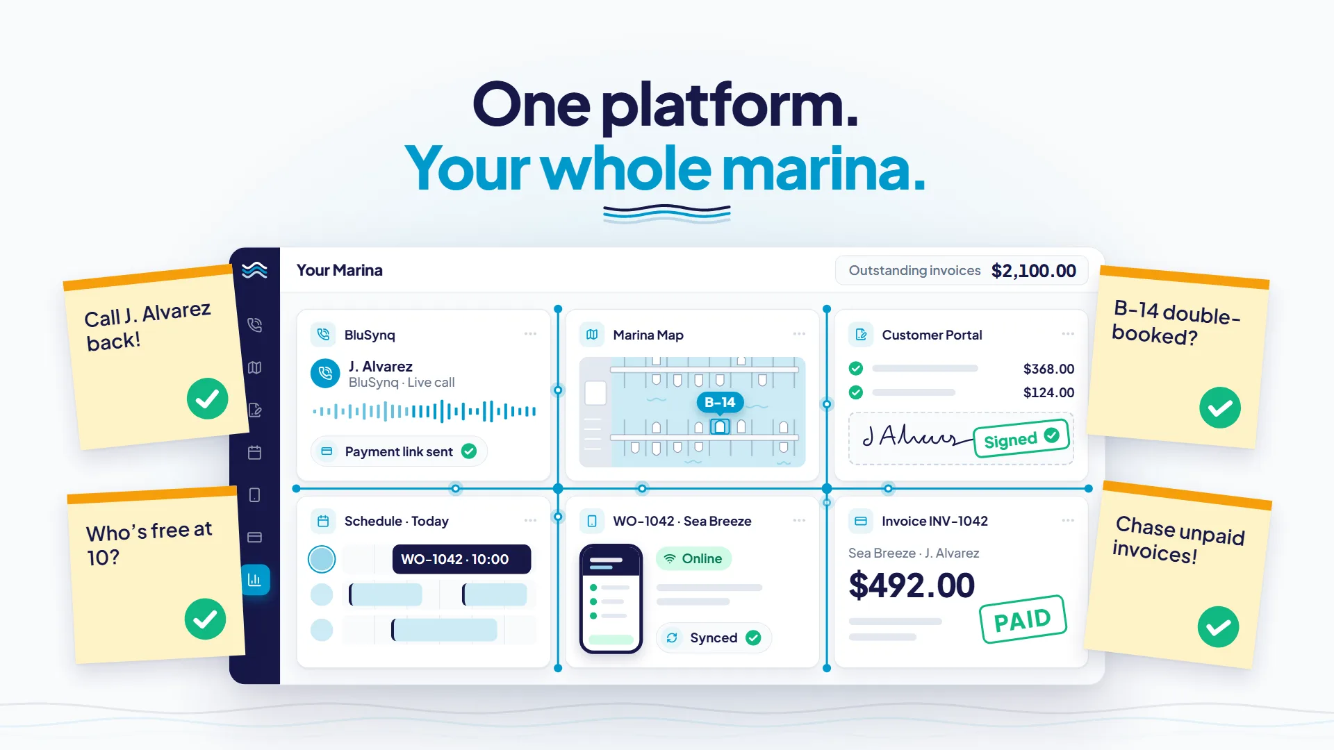 The BluMarina dashboard showing a live BluSynq call, the marina map, a signed estimate, the day’s schedule, a synced work order and a paid invoice